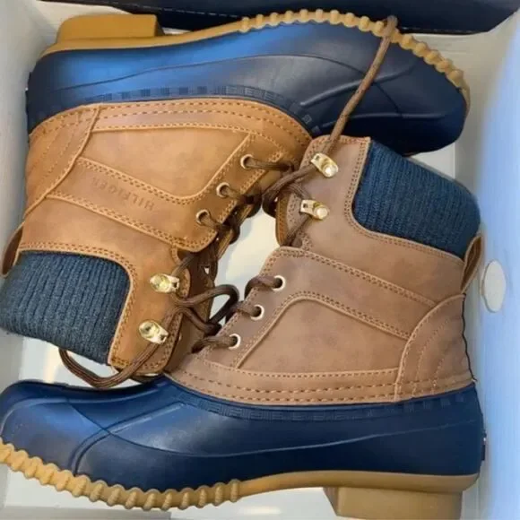 Tommy Hilfiger Cuffed Leather Winter Duck Navy Khaki Twreise Vintage 90s Boot - Picture 2 of 12
